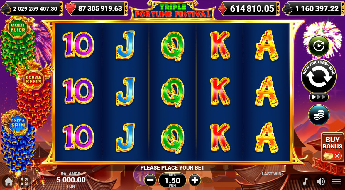 Triple Fortune Festival slot main 5x3 reel set showing colorful card symbols A through 10 in a golden frame.