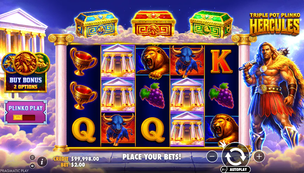 Triple Pot Plinko Hercules base game screen with 5x3 reels and chest meters, showing the main layout players follow before the bonus