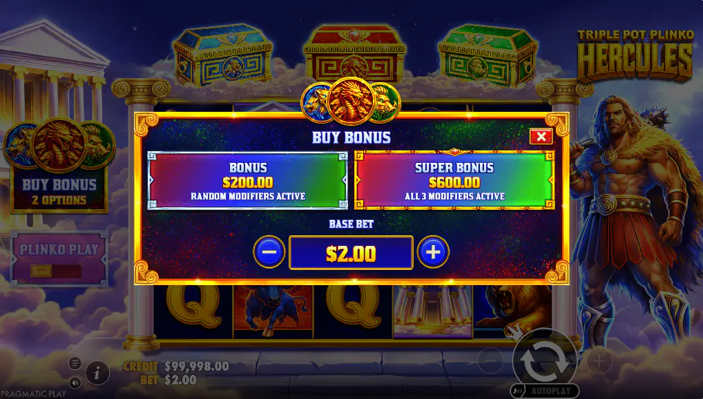 Buy Bonus menu in Triple Pot Plinko Hercules with two purchase options, showing how players can access the feature directly