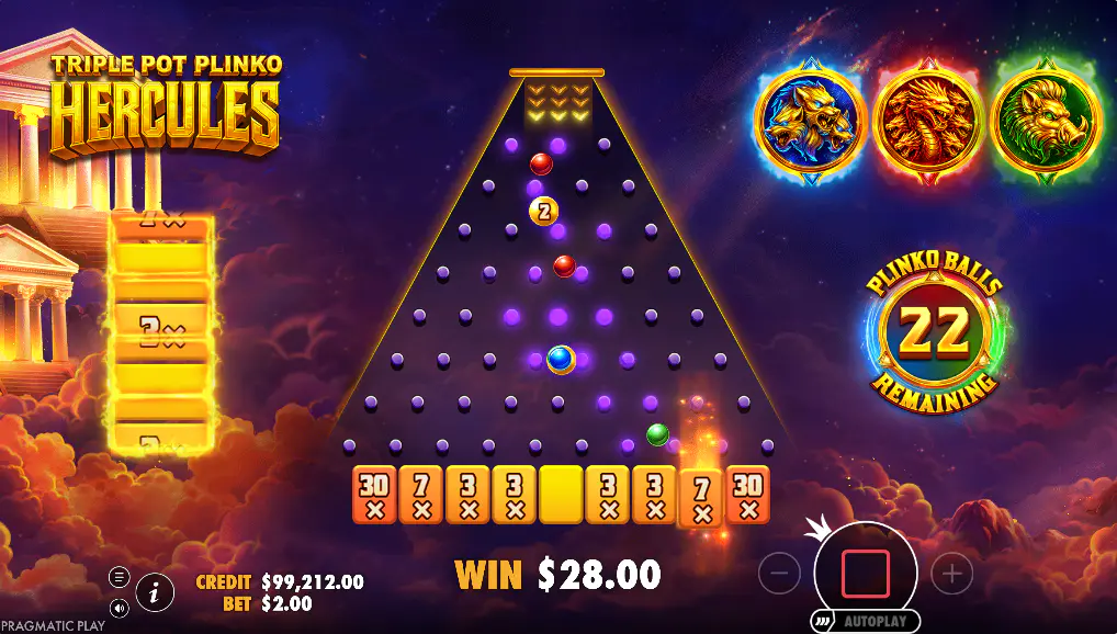 Plinko bonus screen in Triple Pot Plinko Hercules with bucket values and remaining balls, showing the feature state players track most closely