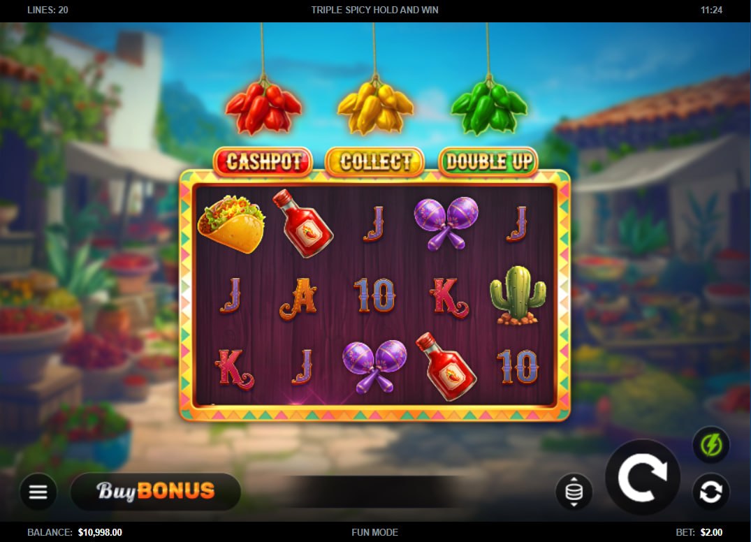 Main 5x3 reels of Triple Spicy Hold and Win slot showing Taco and Hot Sauce symbols in a Mexican market setting for standard gameplay visualization.