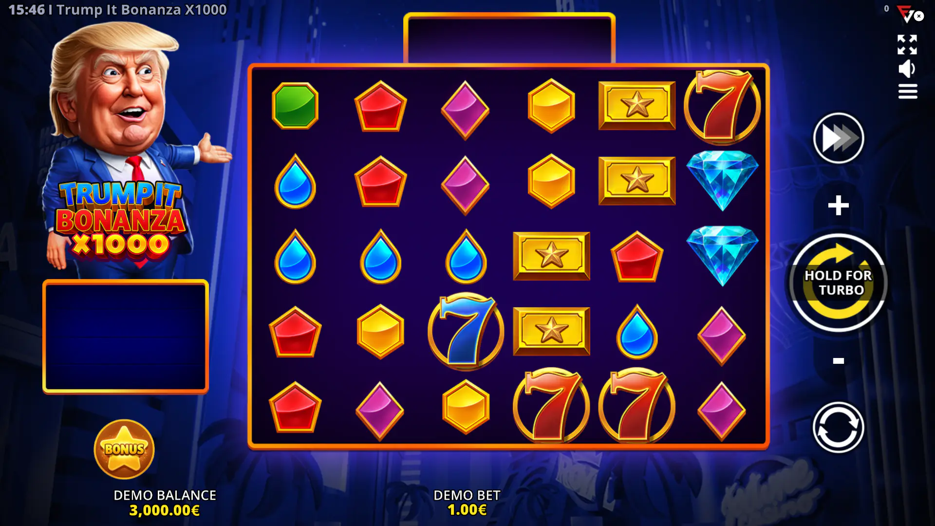 The 6x5 reel layout of the Trump It Bonanza x1000 slot during base gameplay, showing the various gem and character symbols.