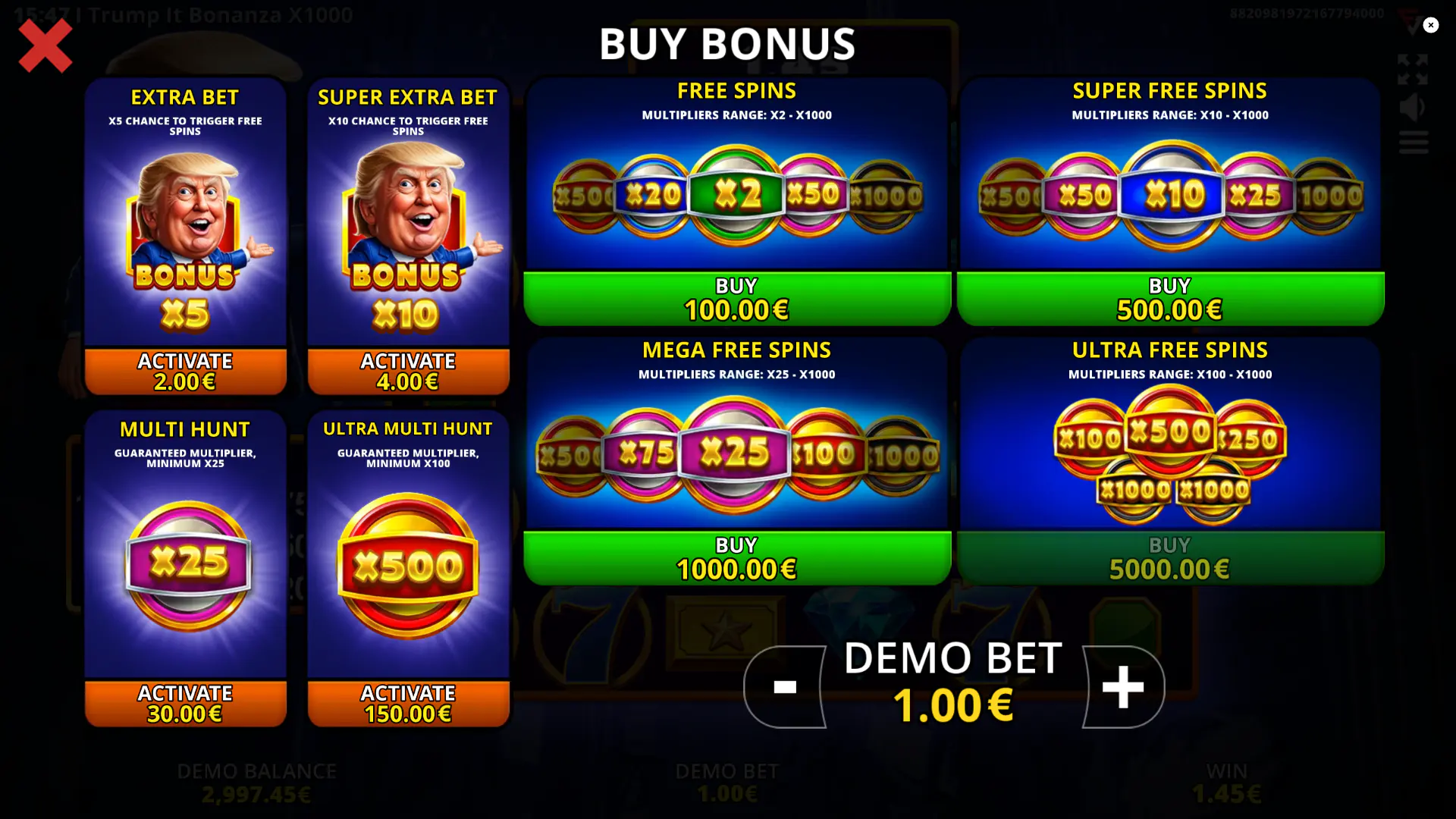 The extensive Bonus Buy menu in Trump It Bonanza x1000, displaying the different tiers of Free Spins available for purchase.