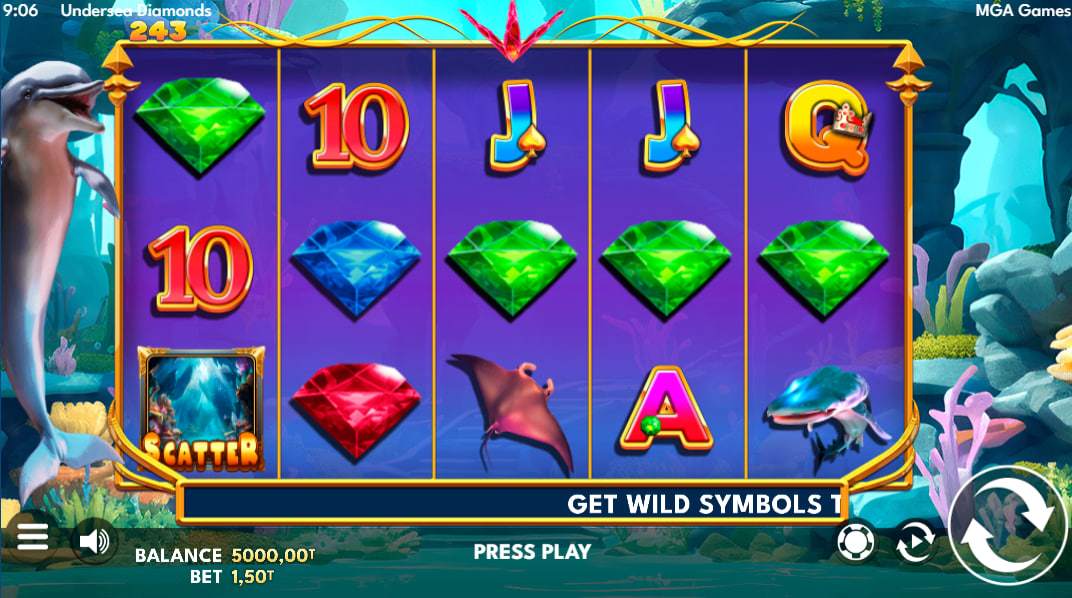 Green diamond symbols on Undersea Diamonds slot reels with a 3D dolphin mascot on the left showing the base game interface.