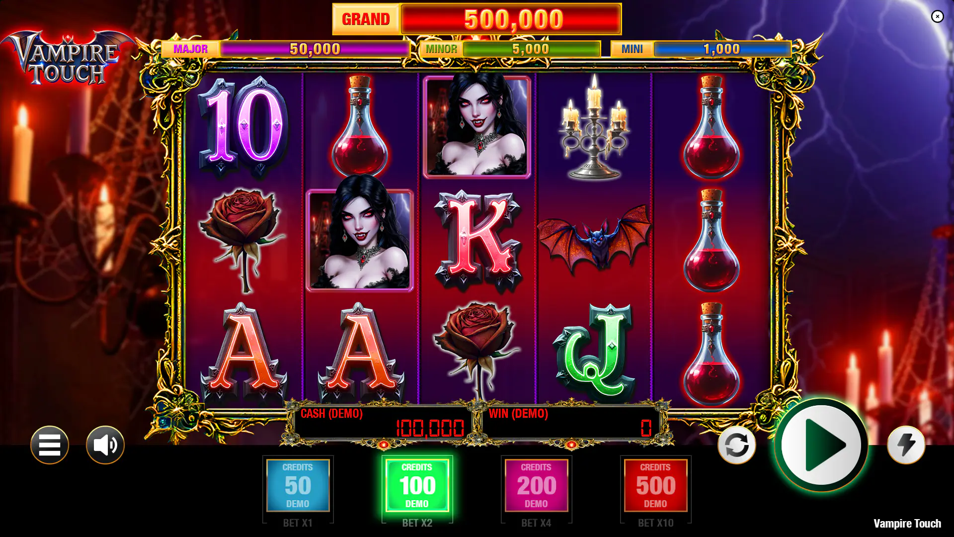 Vampire Touch base game layout with the four fixed jackpot meters at the top.