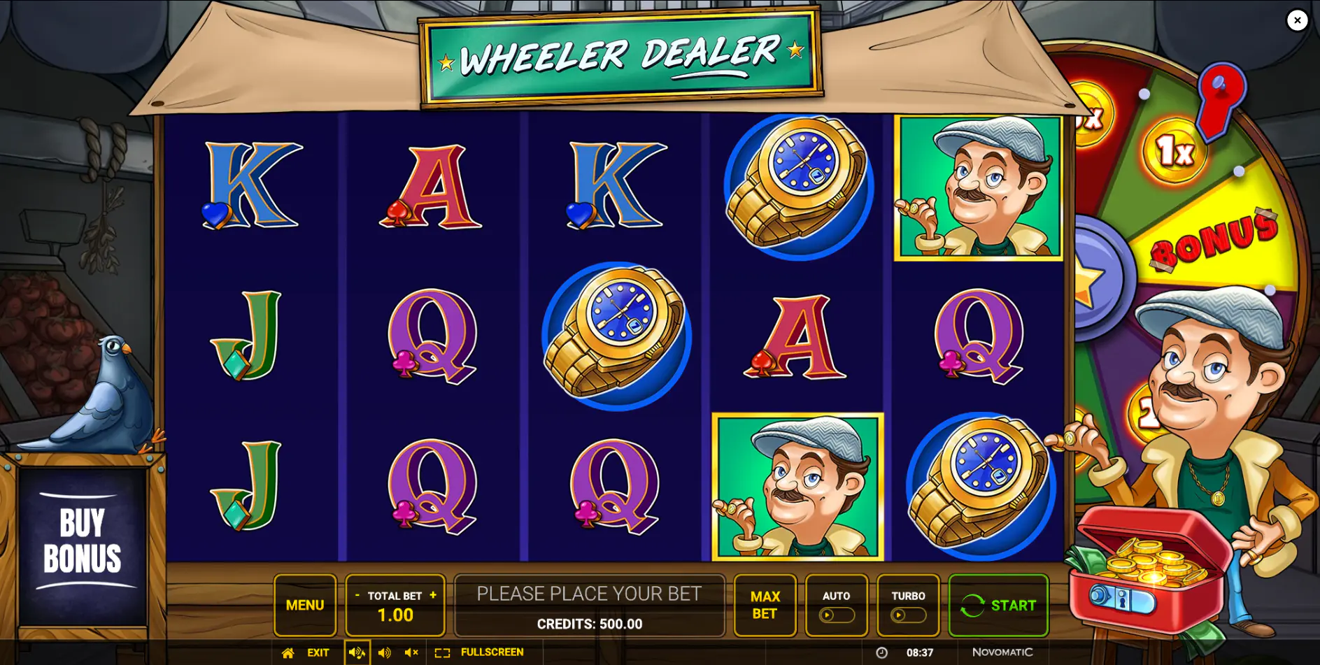 Base game of Wheeler Dealer showing 5 reels and the Dodgy Dave multiplier wheel on the right.
