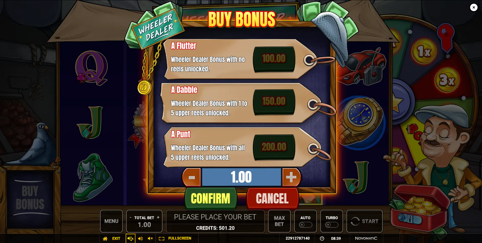 The Bonus Buy menu in Wheeler Dealer with 100x, 150x, and 200x options.