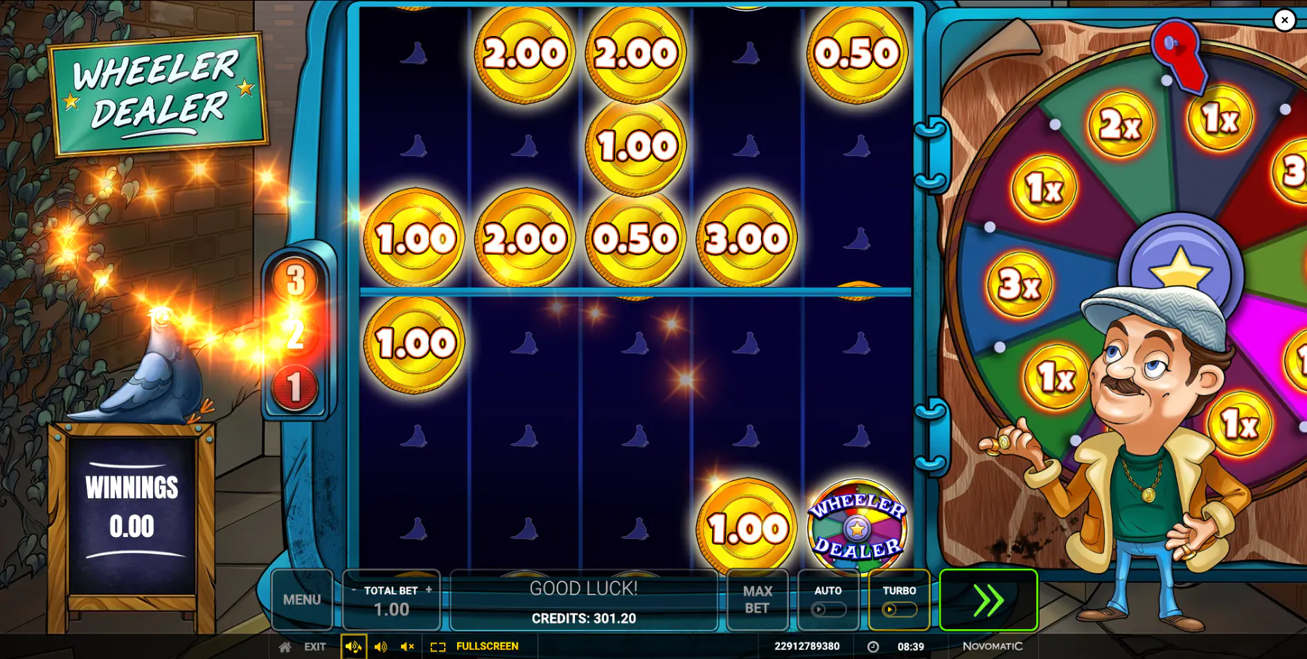 Wheeler Dealer Bonus feature showing coins trapped on locked upper reels.