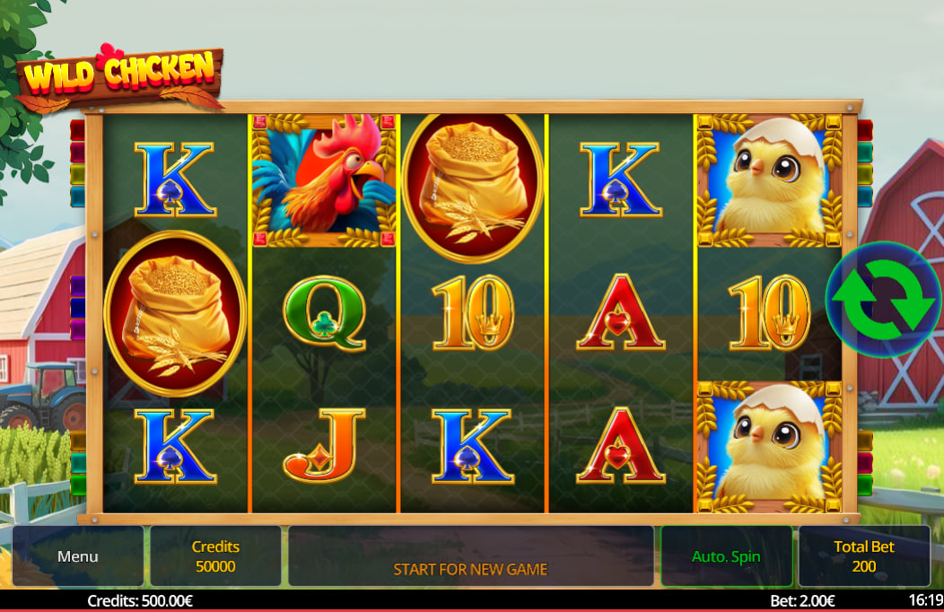 Wild Chicken slot main grid featuring high-paying Rooster and King symbols on a farm background, showing the 5x3 layout and user interface.