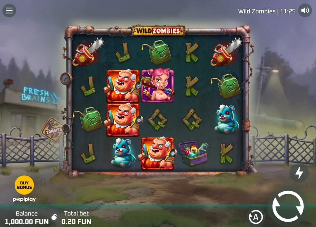 Full 5x4 grid of Wild Zombies slot featuring zombie characters and chainsaws showing the dark comic book art style for player immersion.