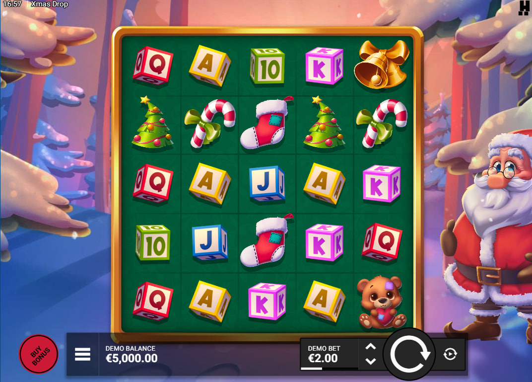 5x5 grid of Xmas Drop slot showing toy-block symbols and high-paying bells, highlighting the visual layout for new players.