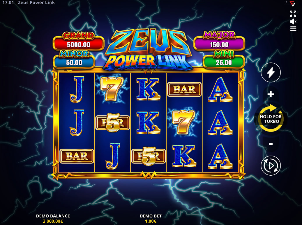 Zeus Power Link slot main 5x3 grid showing lightning symbols and Zeus branding on a dark storm background.