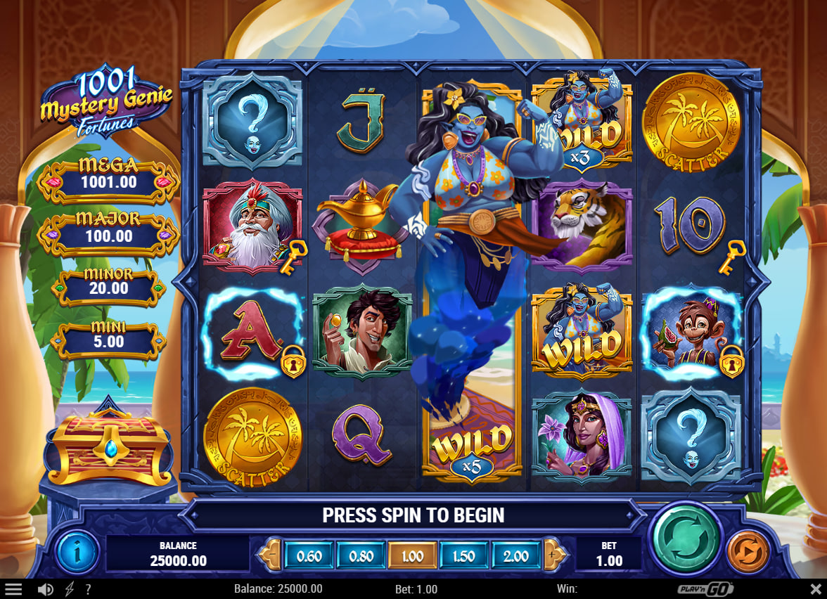 Main game screen of 1001 Mystery Genie Fortunes slot showing the five by four grid and jackpot values to help players track their session balance.