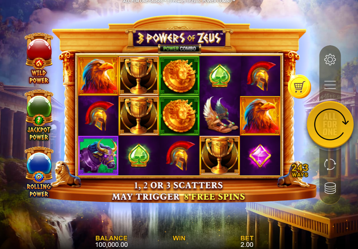 Base game grid of 3 Powers of Zeus Power Combo slot showcasing the initial 5x3 layout to help players visualize the starting configuration.