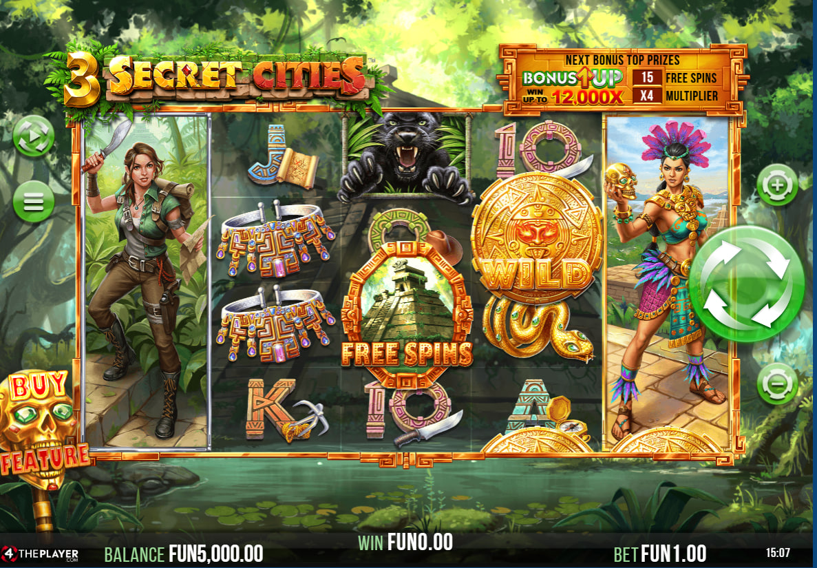 3 Secret Cities slot main 5x4 grid showing the BONUS↑UP progress bar and jungle background which helps players track their journey.