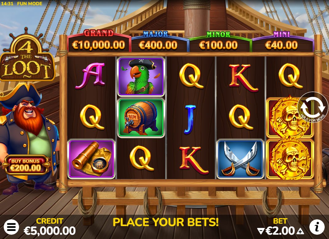 The main game screen of the 4 The Loot slot showing symbols on a wooden matrix on a pirate ship deck to explain the baseline grid structure.