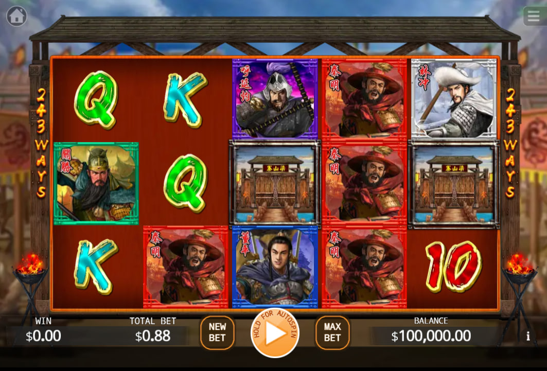 Main 5x3 reel layout of 5 Heroes slot showing active warrior symbols and low-paying card values to outline the base game matrix structure.