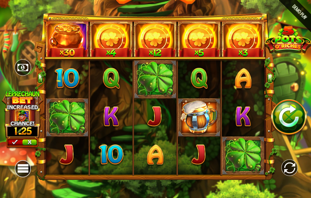 Introductory splash screen of 5 Pots O' Riches slot detailing Lucky Leprechaun, Free Spins, and Emerald Wild mechanics for players.