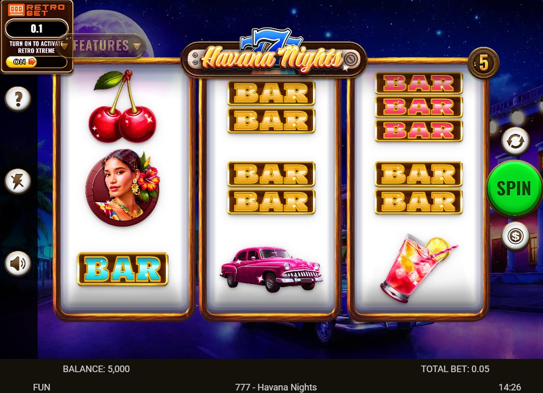 A 3x3 reel layout of 777 - Havana Nights slot showing cherries and bar symbols to help players see the primary interface design.