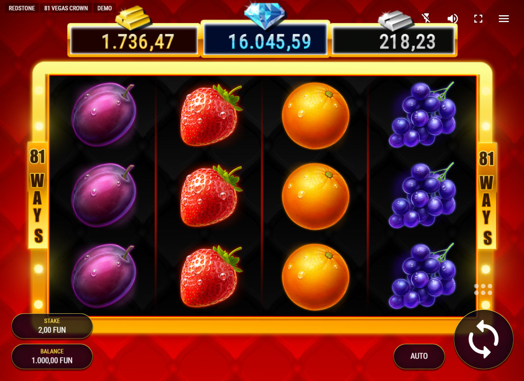 A full view of the 81 Vegas Crown slot base game interface showing four reels packed with glossy plums, strawberries, oranges, and grapes for gameplay orientation.