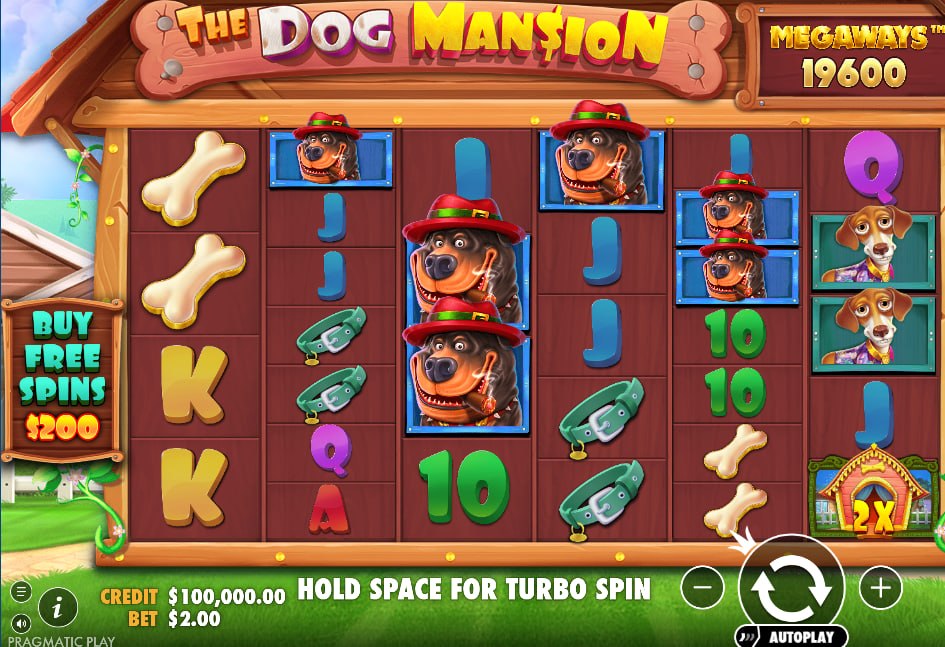 The Dog Mansion Megaways basic grid display showing canine characters and active ways counter to track layout paths.