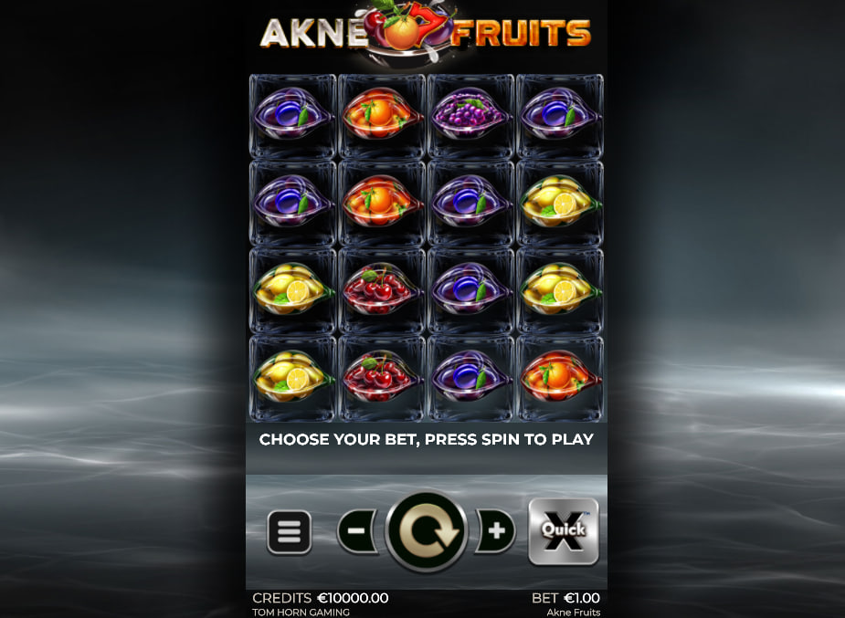 Main 4x4 slot grid of Akne Fruits by Tom Horn Gaming showing industrial symbols to help players understand the base interface.