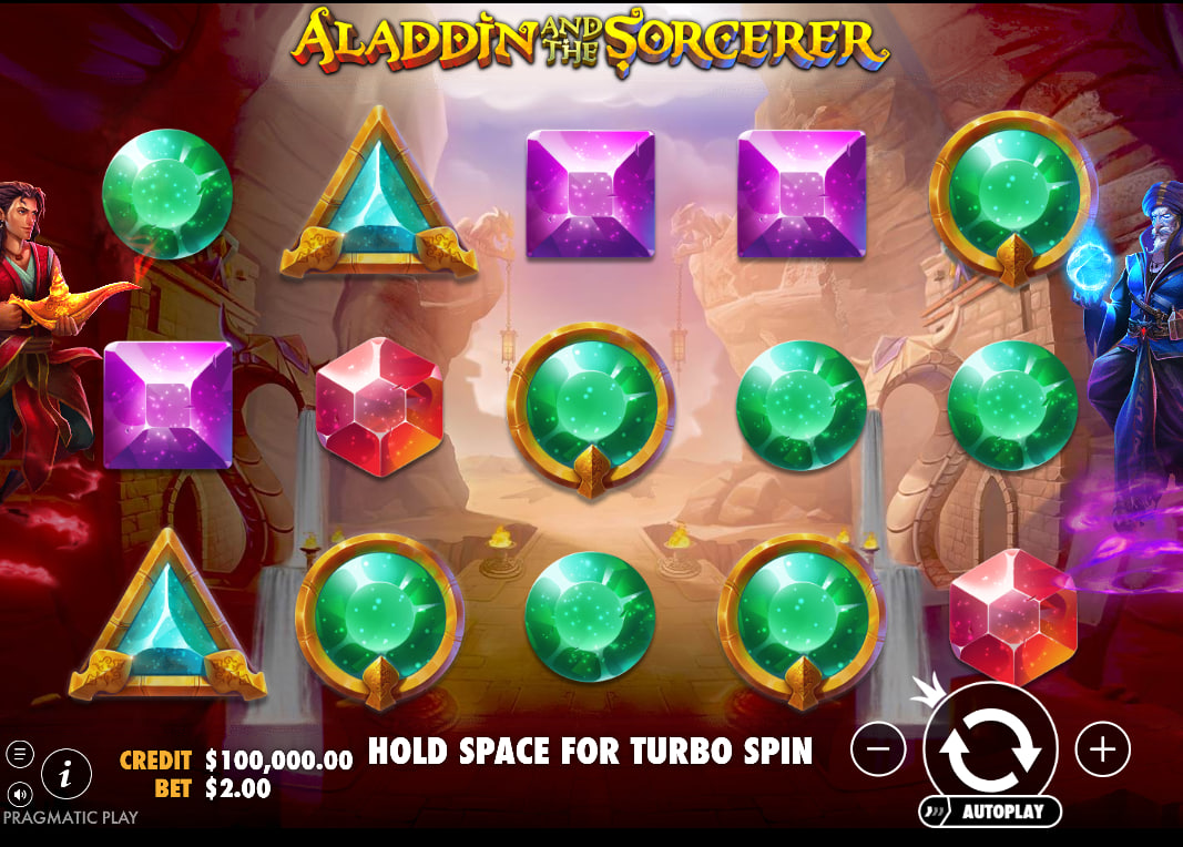 Aladdin and the Sorcerer game screen featuring characters and gemstone symbols to showcase the visual style and 5x3 grid layout
