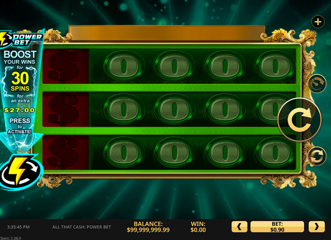 All That Cash Power Bet slot main interface showing the 3x5 grid and the Power Bet activation panel on the left.