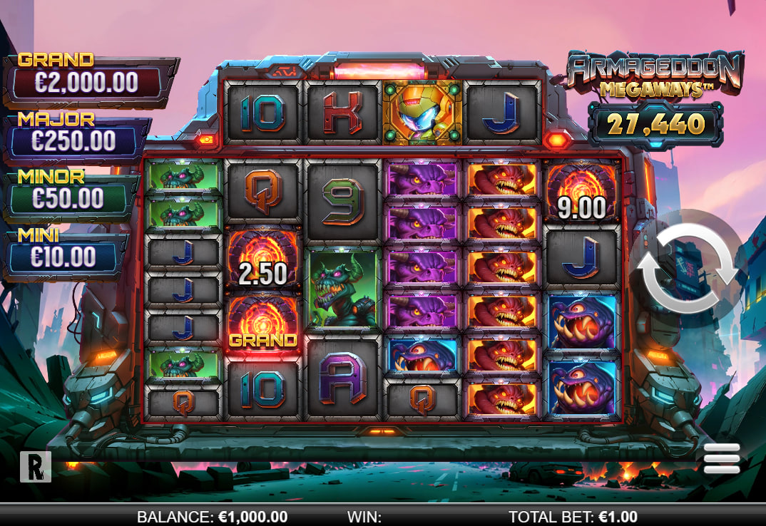 Main dynamic grid of Armageddon Megaways slot during a base spin showing monster icons and jackpot tiers helping players track potential payouts.
