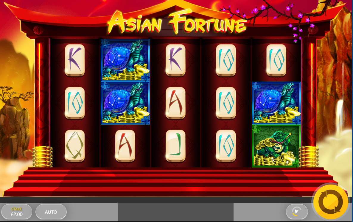 Main 5x3 slot grid of Asian Fortune layout inside a crimson temple setting displaying high card symbols and turtle icons.
