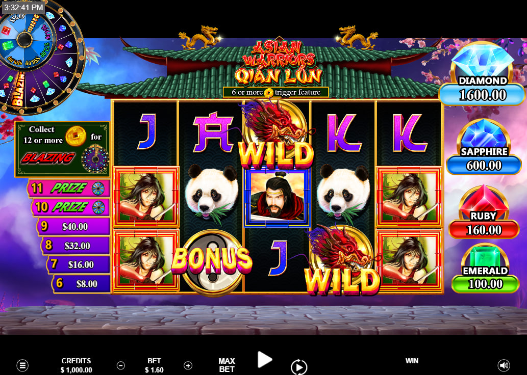 Main gameplay screen of Asian Warriors Qián Lóng slot showing warrior symbols and jackpot prizes to illustrate the grid layout and potential rewards.
