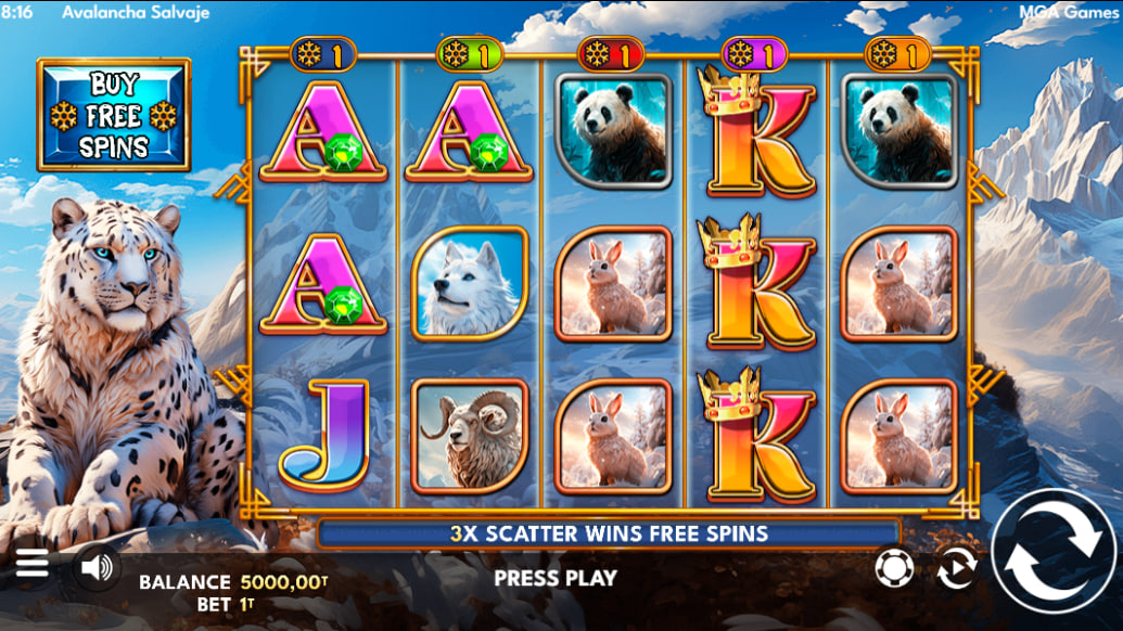 Main game screen of Avalancha Salvaje slot featuring arctic animal symbols and 10 prize lines to show the basic interface.