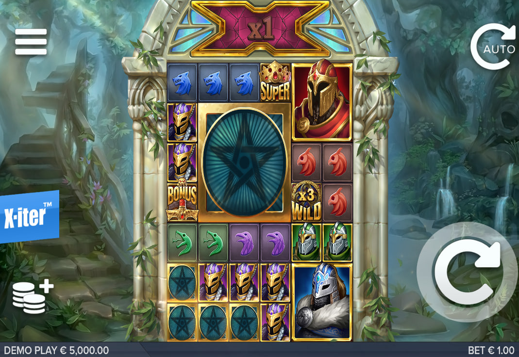 Avalon X slot main grid showing medieval knight symbols and the blue X-iter button option contextually highlighting accessible feature purchases for real-money gameplay.