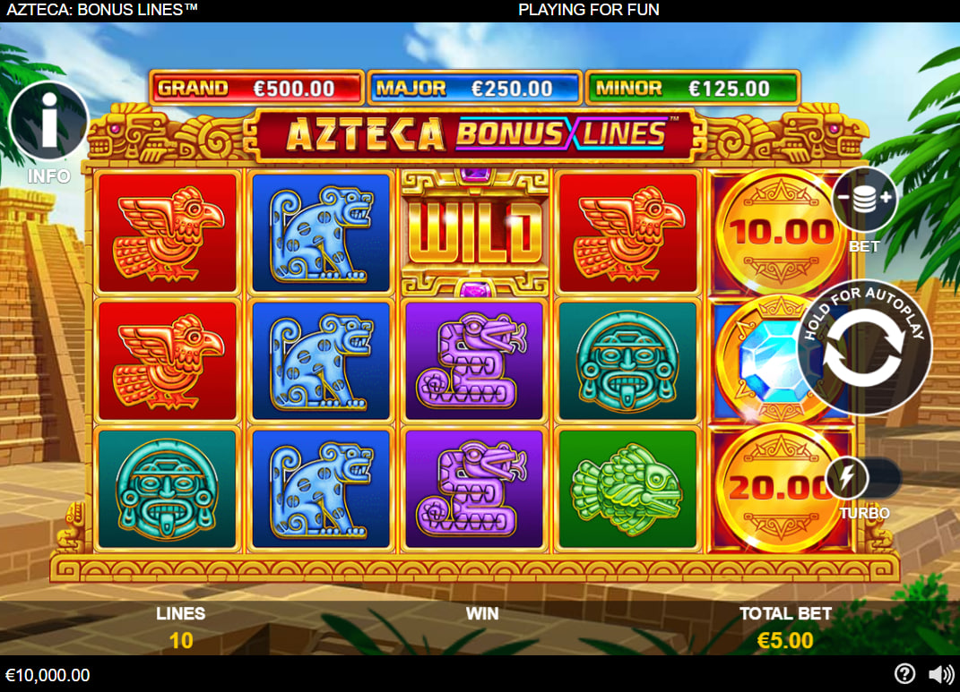 Main 5x3 slot grid of Azteca Bonus Lines showcasing colorful ancient stone symbols alongside the fixed jackpot values displayed at the top.