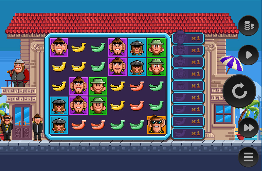 6x5 grid of Banana Town Dream Drop slot showing pixel art monkeys and bananas to illustrate the scatter-pay mechanic for players.