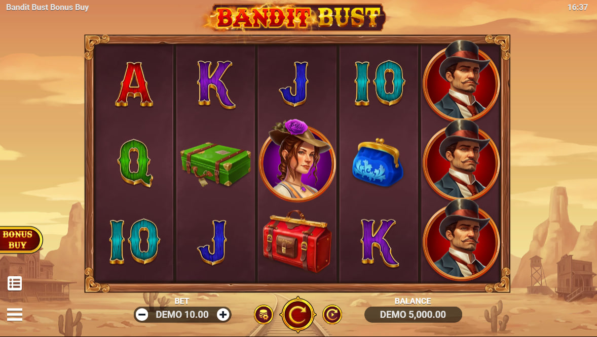 Full 5x3 slot grid of Bandit Bust Bonus Buy showcasing base symbols and user interface controls during a regular spin session.
