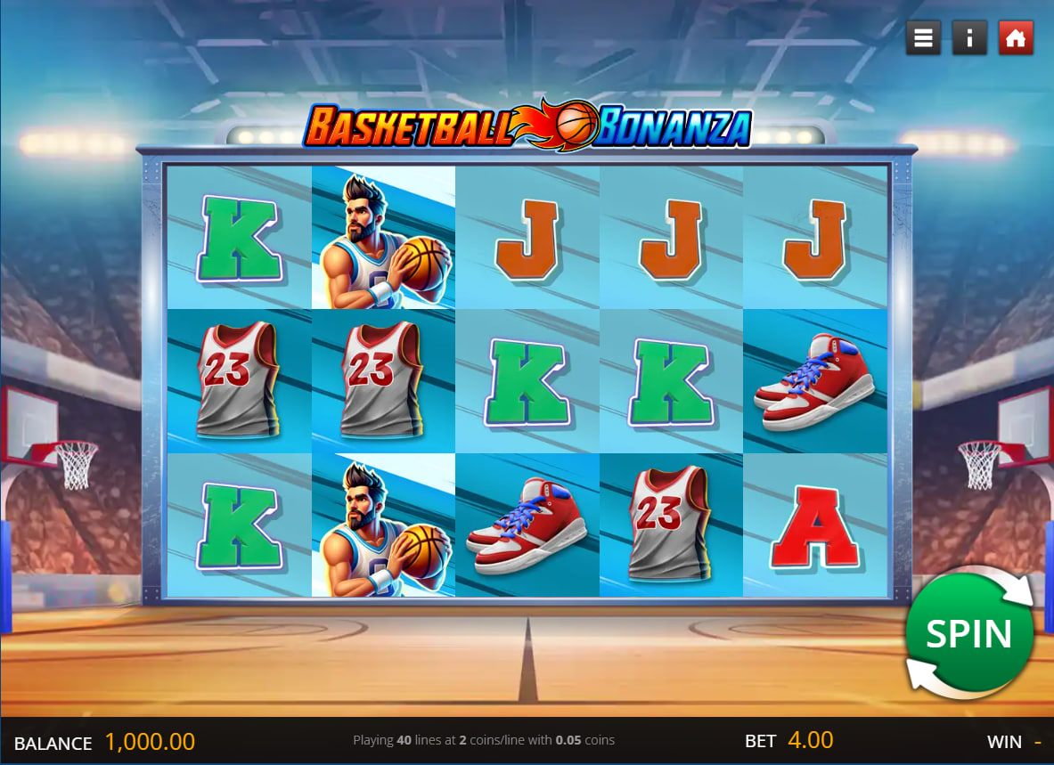 Basketball Bonanza slot base game layout on a 6x5 grid showcasing the sports theme setup for players calculating initial symbol densities.