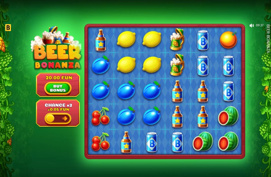 Main 6x5 scatter pays grid of Beer Bonanza slot showing beverage and fruit symbols for players to assess the visual layout.
