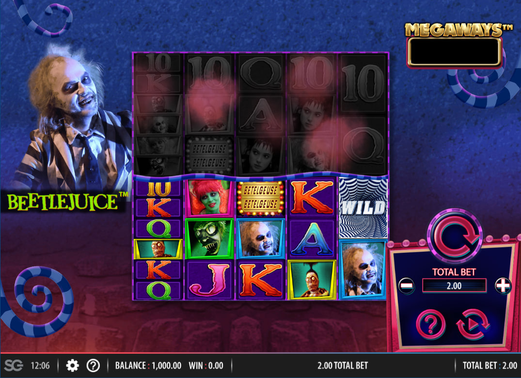 Beetlejuice Megaways base game interface with inactive top reel section and character symbols like Lydia on the 5-reel grid.