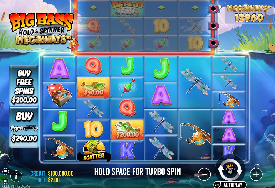 Big Bass Hold & Spinner Megaways base game interface showing active horizontal tracker reels and current megaways payout paths for players.