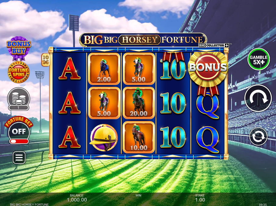 Big Big Horsey Fortune slot base game layout displaying a racing green background and premium equestrian icons to show the interface design.