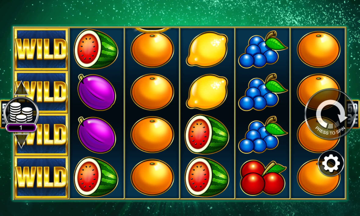 Main 6x4 reel grid in the base game configuration showing fruit symbols and current balance to track active session bankroll adjustments.