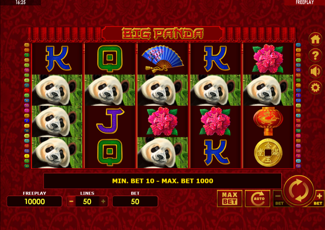 Big Panda slot main 5x4 grid showing Panda symbols and the traditional Asian-themed user interface on the reels.