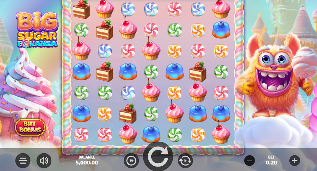 Big Sugar Bonanza base game interface displaying a 7x7 candy grid and the fluffy monster character to help players track reel layout and design.