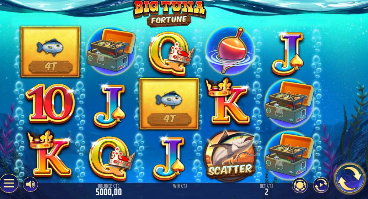 Big Tuna Fortune loading screen displaying the fisherman character and key progressive features which introduces the primary game layout to players.