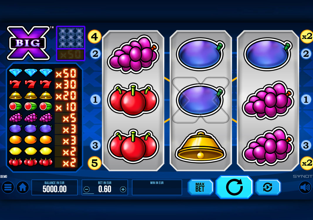 Big X slot 3x3 grid showing fruit symbols and the x2 diagonal multipliers highlighted for the player to see potential win paths