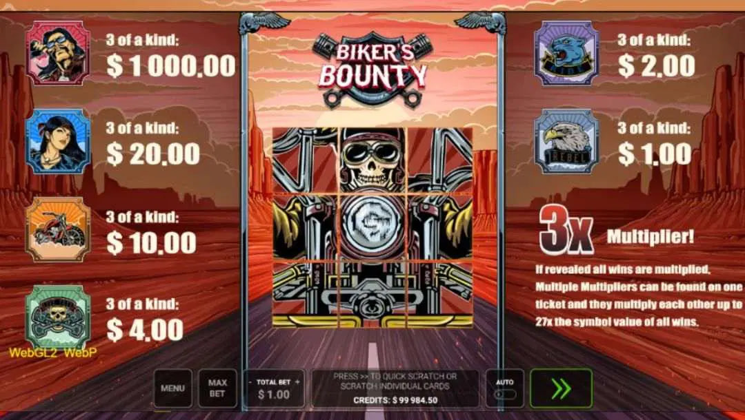Official paytable of Bikers Bounty slot showing win values for Skeleton Biker, Woman Rider, and Custom Motorcycle symbols.