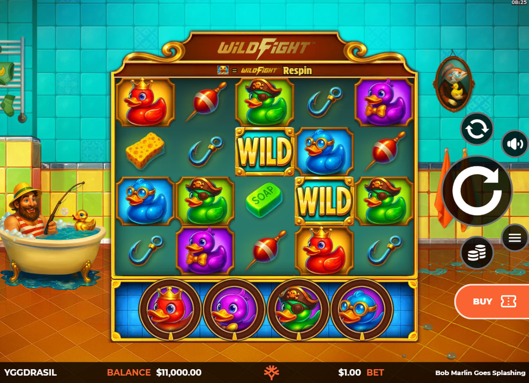 Main interface layout of Bob Marlin Goes Splashing slot showing the grid and the character in a bubble bath for session navigation.