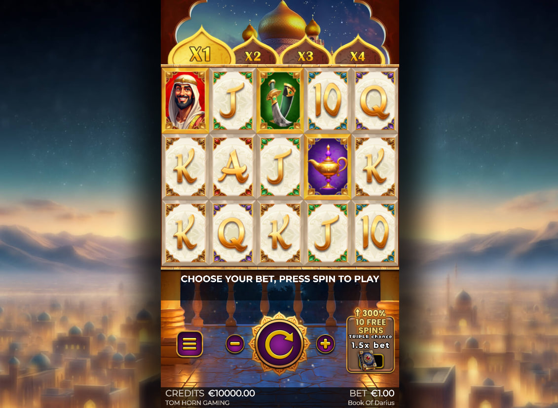 Main interface of Book of Darius slot showing the 5x3 reel grid set against a Persian palace background at night.