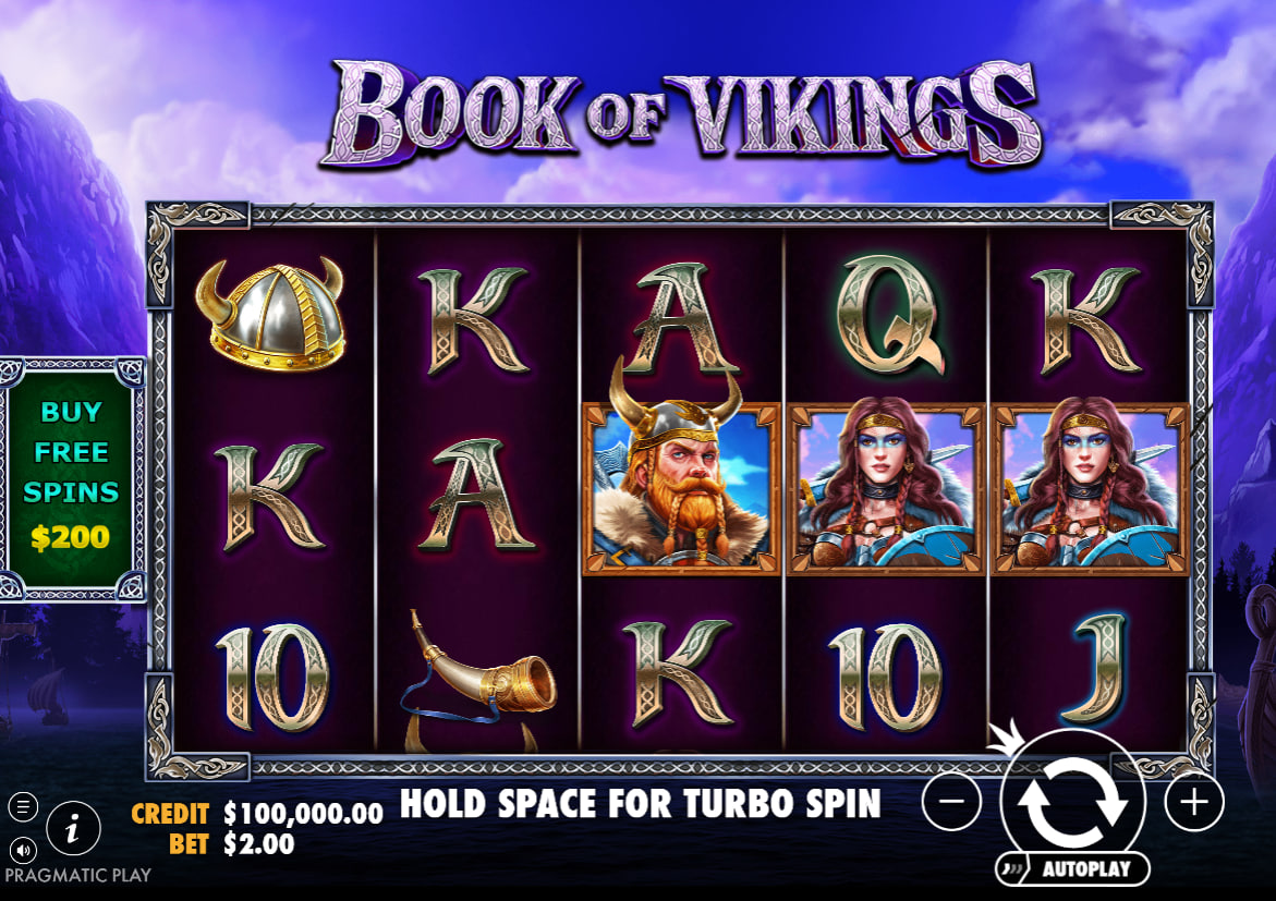 Main gameplay layout of Book of Vikings slot showing symbols on the reels and user interface controls for strategic bet adjustments.